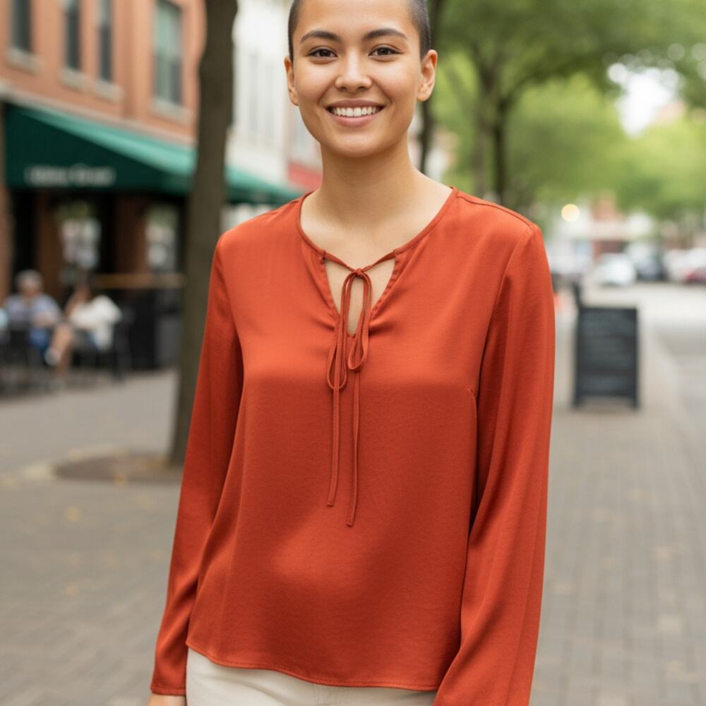 KASPER Women's Long Sleeve Tie-Neck Blouse Burnt Orange Small 4-8